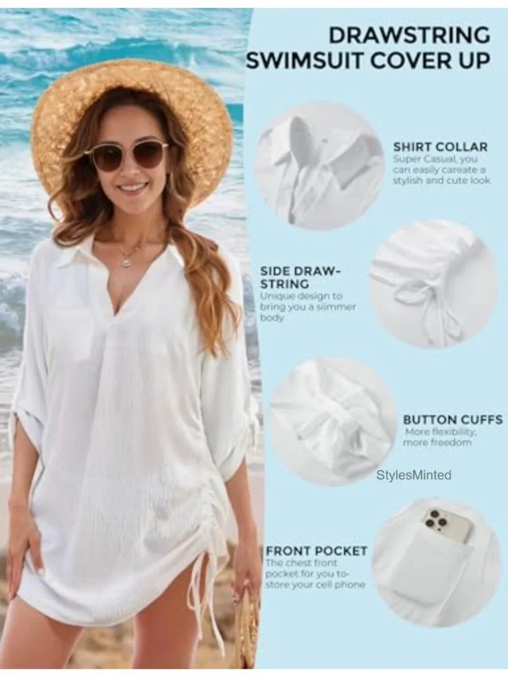 Women's V Neck Drawstring Beach Cover Up Dress with Long Sleeves and Chest